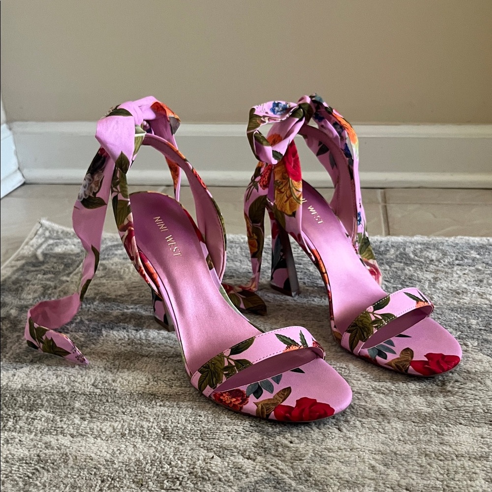 NINE WEST Pink Floral Kelsie Tie-Up Heels